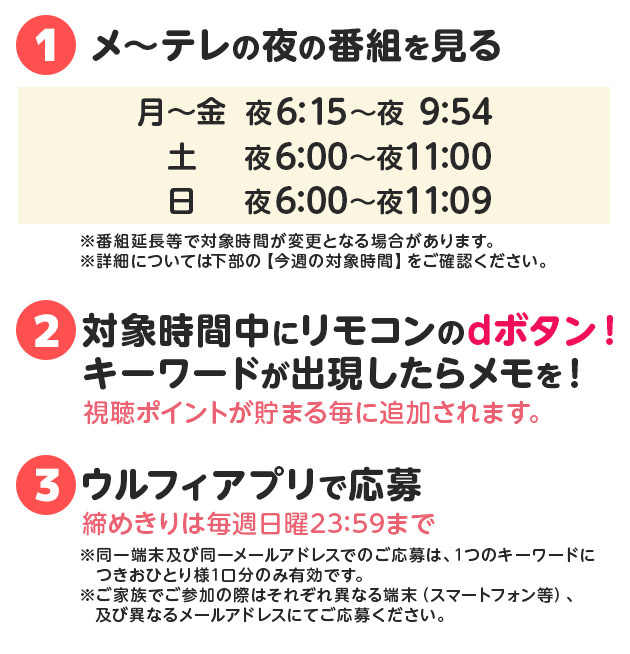 ①メ～テレの夜の番組を見る②対象時間中にリモコンのdボタン！ キーワードが出現したらメモを！③ウルフィアプリで応募