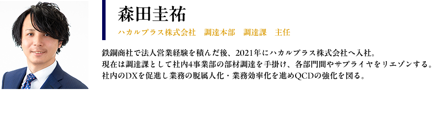 【森田圭祐： ハカルプラス株式会社　調達本部　調達課　主任】 プロフィール： 鉄鋼商社で法人営業経験を積んだ後、2021年にハカルプラス株式会社へ入社。　 現在は調達課として社内4事業部の部材調達を手掛け、各部門間やサプライヤをリエゾンする。 社内のDXを促進し業務の脱属人化・業務効率化を進めQCDの強化を図る。