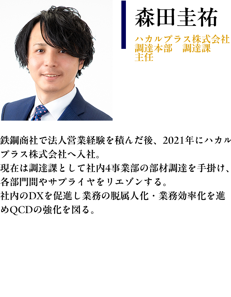 【森田圭祐： ハカルプラス株式会社　調達本部　調達課　主任】 プロフィール： 鉄鋼商社で法人営業経験を積んだ後、2021年にハカルプラス株式会社へ入社。　 現在は調達課として社内4事業部の部材調達を手掛け、各部門間やサプライヤをリエゾンする。 社内のDXを促進し業務の脱属人化・業務効率化を進めQCDの強化を図る。