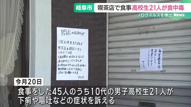 高校生21人に食中毒症状、岐阜市の喫茶店を営業禁止処分　ノロウイルスが原因か