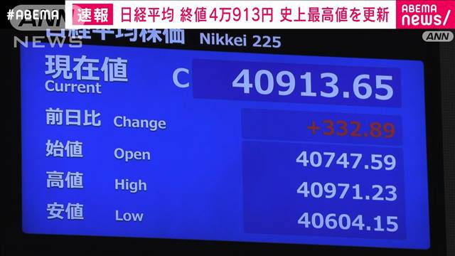 【速報】日経平均株価が4万913円　終値の史上最高値更新