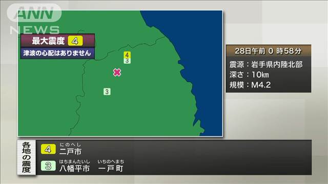 【速報】岩手県内陸北部で震度4　津波の心配なし