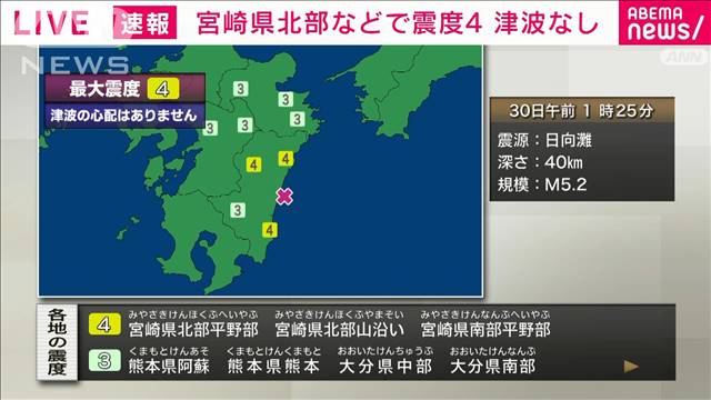 宮崎県北部などで震度4　津波の心配なし