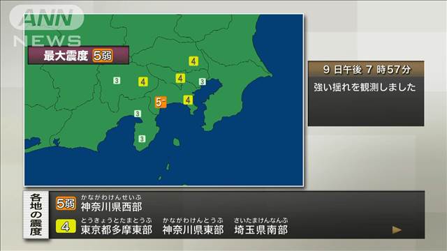 【速報】神奈川県西部で震度5弱　津波の心配なし