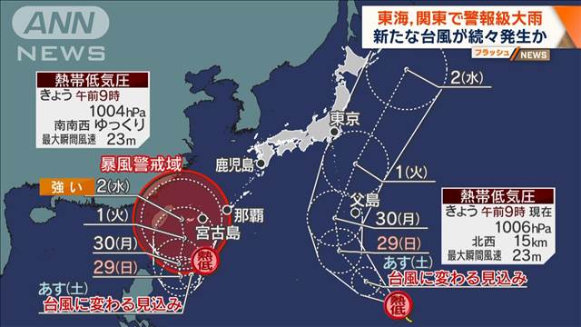 東海、関東で警報級大雨　新たな台風が続々発生か