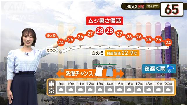 東京は洗濯チャンス　夜遅く雨も　予想最高気温28℃　ムシ暑さ復活