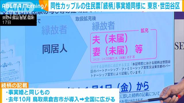 同性カップルの住民票の続柄　事実婚と同様の記載可能に　東京・世田谷区で来月から