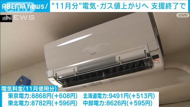 11月使用分の電気・ガス料金値上がりへ　緊急支援終了で