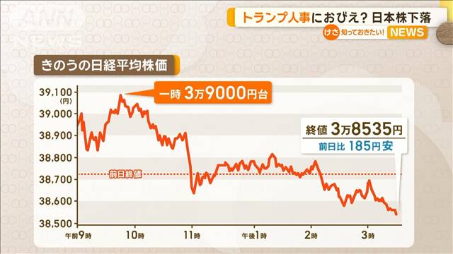 トランプ人事におびえ？　日経平均株価が下落　「売りが広がりやすい流れ」