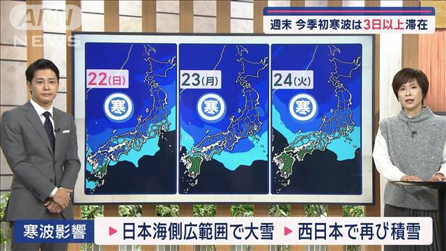 【全国の天気】あす九州・東海でも水道管凍結注意　週末　今季初寒波は3日以上滞在