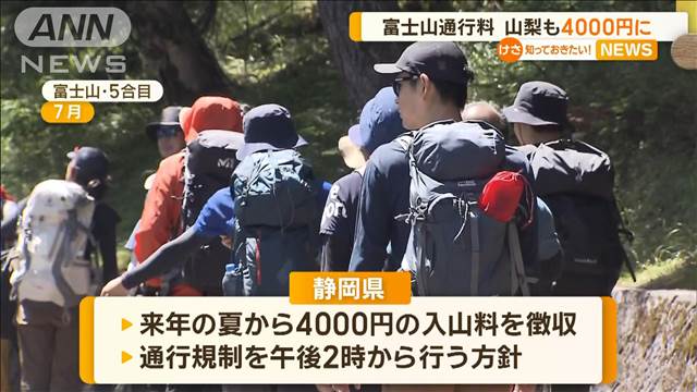 富士山通行料　山梨も4000円に