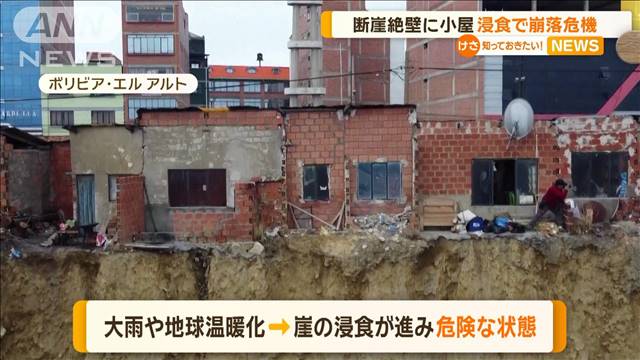 断崖絶壁に小屋　浸食で崩落危機　南米・ボリビア