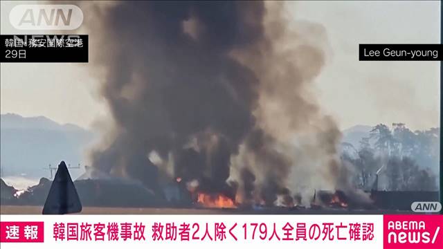 【速報】韓国旅客機事故　179人の死亡確認ー消防当局　救助の2人除く全員が死亡