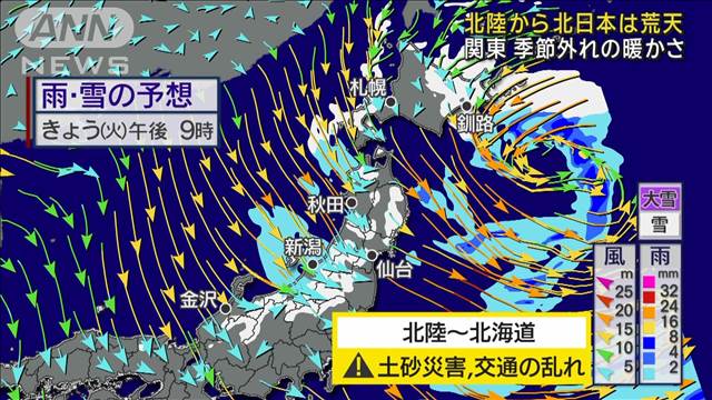 北陸から北日本は荒天　関東 季節外れの暖かさ