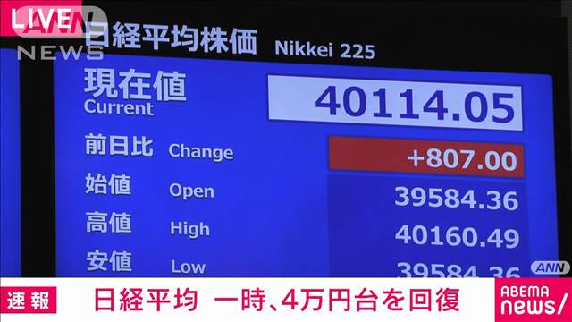 日経平均株価　一時4万円台を回復　半導体関連株を中心に買い