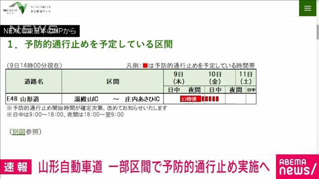 ネクスコ東日本「予防的通行止め」午後5時ごろから山形道・湯殿山IC－庄内あさひIC