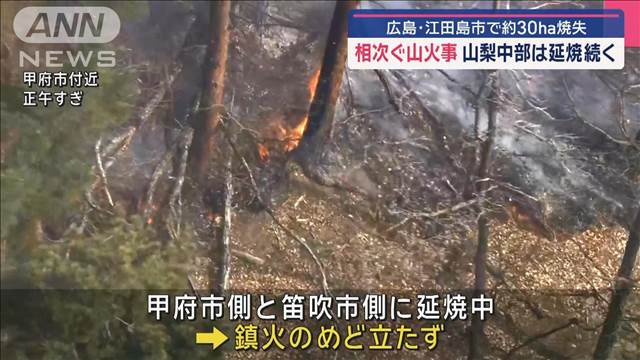 相次ぐ山火事 山梨中部は延焼続く　広島・江田島市で約30ha焼失